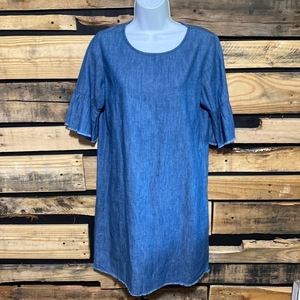 Krazy Kat Blue‎ Chambray Flared Short Sleeve Mini Dress With Frayed Hem NWT